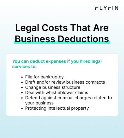 Infographic entitled Legal Costs That Are Business Deductions listing expenses that are tax deductible apart from attorney’s fees.