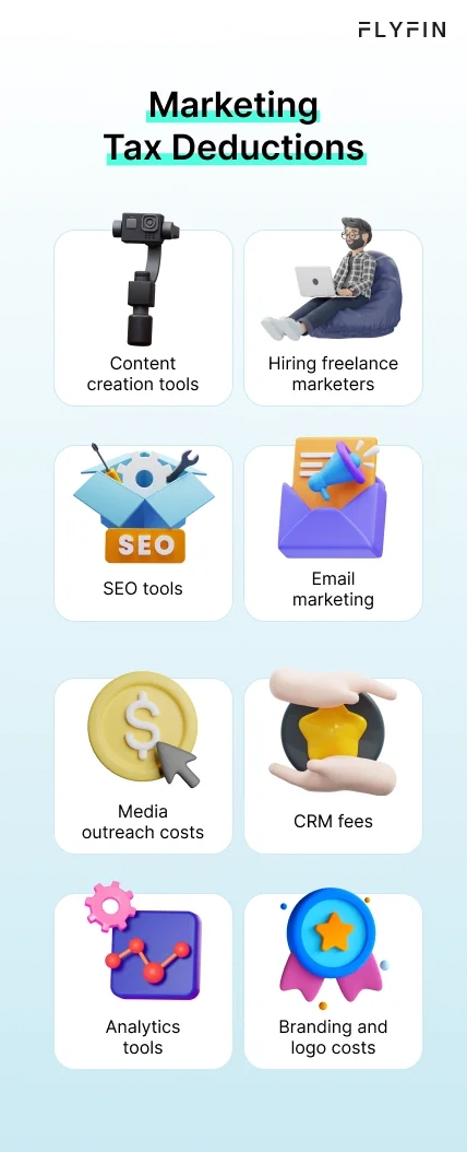 Alt text: Infographic entitled Marketing Tax Deductions listing some marketing expense examples