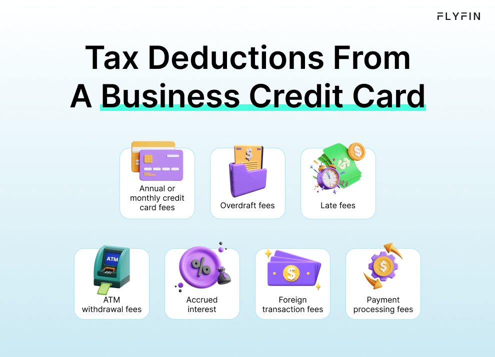 A list of tax deductions from a business credit card, including monthly fees, ATM withdrawal fees, accrued interest, overdraft fees, foreign transaction fees, and payment processing fees. Useful for self-employed, 1099, and freelance workers filing taxes.