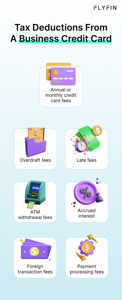A list of tax deductions from a business credit card, including monthly fees, ATM withdrawal fees, accrued interest, overdraft fees, foreign transaction fees, and payment processing fees. Useful for self-employed, 1099, and freelance workers filing taxes.