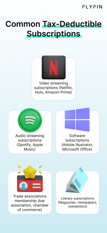 Image listing common tax-deductible subscriptions including video and audio streaming, software, trade associations, and literary subscriptions. Useful for tax purposes for self-employed, 1099, and freelancers.