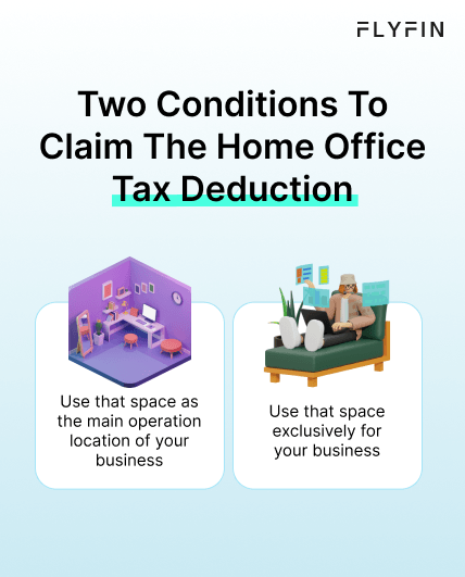 Image with text "FLY FIN - Two Conditions To Claim The Home Office Tax Deduction: Use that space as the main operation location of your business and use that space exclusively for your business." Tips for self-employed, 1099, and freelancer taxes.