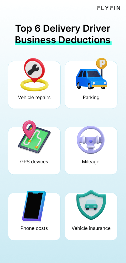 This infographic has the top business tax deductions for delivery drivers, which include write-offs like vehicle repairs, phone costs and insurance.