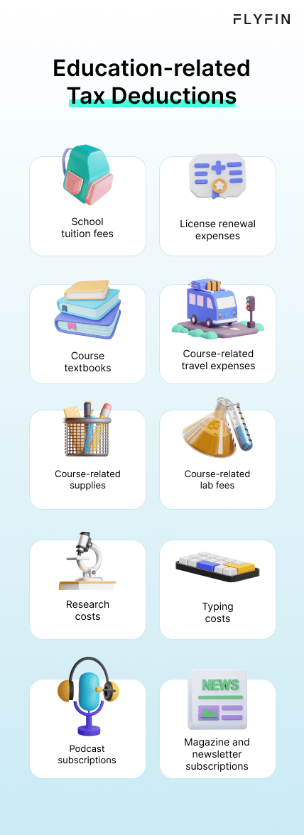 Image showing education-related tax deductions including school tuition fees, course-related expenses like lab fees, license renewal, research costs, textbooks, travel expenses, podcast and magazine subscriptions, and course-related supplies. No mention of self-employed, 1099, freelancer, or taxes.