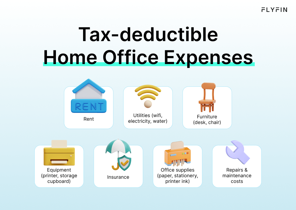 Image listing tax-deductible home office expenses including rent, equipment, utilities, furniture, insurance, office supplies, and maintenance costs for self-employed individuals, 1099 workers, and freelancers. No mention of taxes.