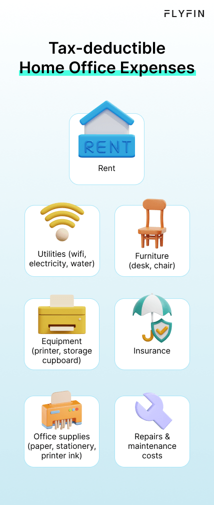 Image listing tax-deductible home office expenses including rent, equipment, utilities, furniture, insurance, office supplies, and maintenance costs for self-employed individuals, 1099 workers, and freelancers. No mention of taxes.