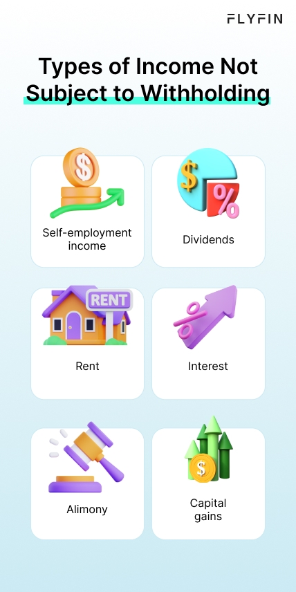 Infographic entitled Types of Income Not Subject to Withholding, showing self-employment income, dividends, rent, interest, alimony and capital gains.