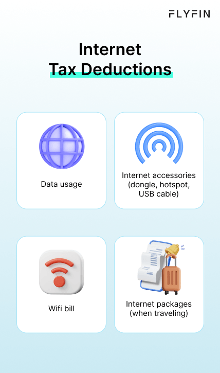 Image listing internet-related expenses such as data usage, wifi bill, internet packages, and accessories like dongle, hotspot, and USB cable. Relevant for self-employed, 1099, and freelancers for tax deductions.