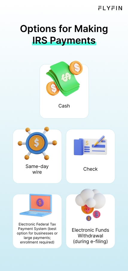 Infographic entitled Options for Making IRS Payments, showing cash, same-day wire, check, electronic Federal Tax Payment System and electronic funds withdrawal.