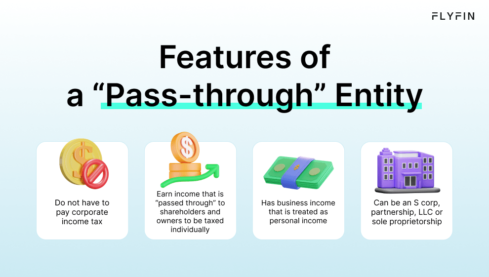 Image of FLYFIN text explaining pass-through entities like S corp, partnership, LLC or sole proprietorship. No corporate income tax, business income treated as personal income, income passed through to owners for individual taxation. Relevant for self-employed, 1099, freelancer, and taxes.