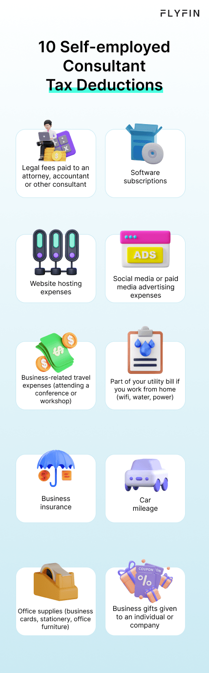 Image showing tax deductions for self-employed consultants including legal fees, utility bills, software subscriptions, business insurance, car mileage, social media advertising, office supplies, business travel expenses, and business gifts.