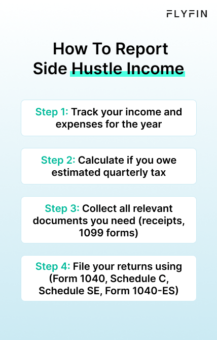 A guide on reporting side hustle income for self-employed individuals, freelancers, and those receiving 1099 forms. Includes tracking income and expenses, calculating estimated quarterly taxes, and filing tax returns using Form 1040, Schedule C, Schedule SE, and Form 1040-ES.