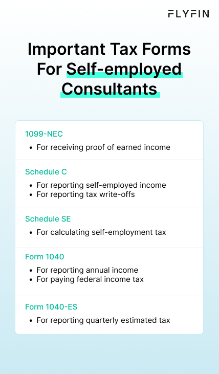 Image with text listing important tax forms for self-employed consultants including 1099-NEC, Schedule C, Schedule SE, Form 1040, and Form 1040-ES for reporting income, calculating taxes, and claiming write-offs.