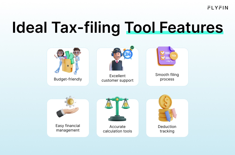 Infographic entitled Ideal Tax-filing Tool Features, showing qualities such as a 1099 calculator, budget-friendly, excellent customer support and a smooth filing process.