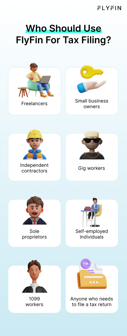 Alt text: FlyFin is for tax filing and is suitable for freelancers, sole proprietors, small business owners, self-employed individuals, 1099 workers, gig workers, and anyone who needs to file taxes.