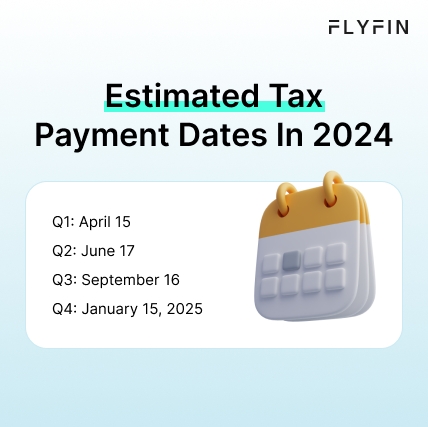 Infographic entitled Estimated Tax Payment Dates In 2024 showing the quarterly tax dates to avoid using an IRS penalty and interest calculator.