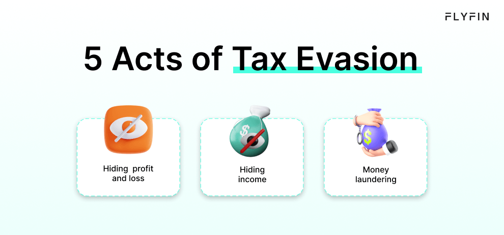 Alt text: Image with text "FLY FIN" and 5 acts of tax evasion - hiding profit and loss, income, and money laundering. Relevant for self-employed, 1099, and freelancers dealing with taxes.