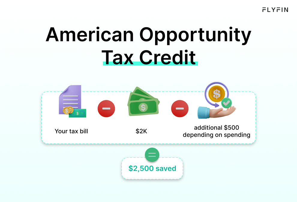Image promoting tax credit for American taxpayers with the FLYFIN program. Offers up to $2,500 in savings depending on spending. Relevant for self-employed, 1099, and freelancers.