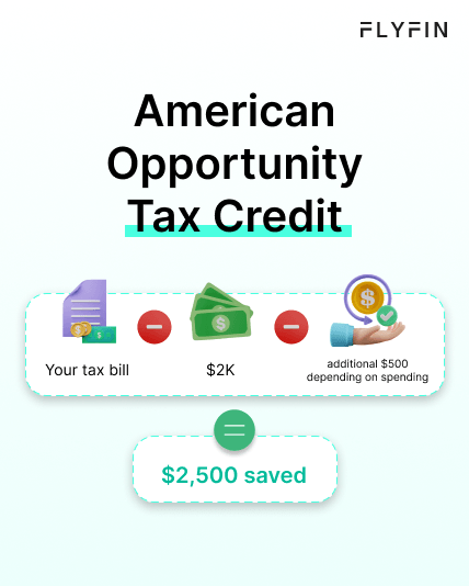 Image promoting tax credit for American taxpayers with the FLYFIN program. Offers up to $2,500 in savings depending on spending. Relevant for self-employed, 1099, and freelancers.