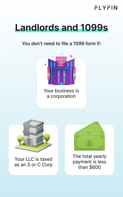 Image with text explaining when landlords and businesses don't need to file a 1099 form for taxes, including exceptions for corporations and LLCs. #taxes #1099 #landlords