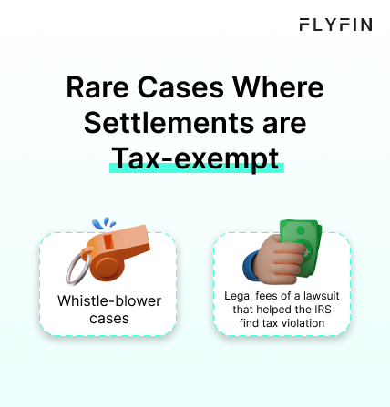 Alt text: Image with text about tax-exempt settlements, whistle-blower cases, and legal fees of a lawsuit that helped IRS find tax violations. Relevant for taxes, self-employed, 1099, and freelancers.