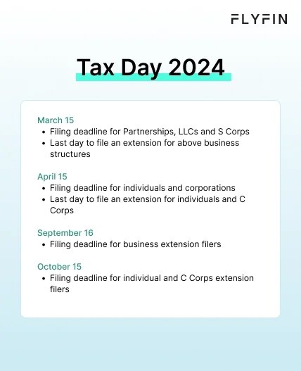 Infographic entitled Tax Day 2024 showing filing deadlines for the 2023 tax year.  