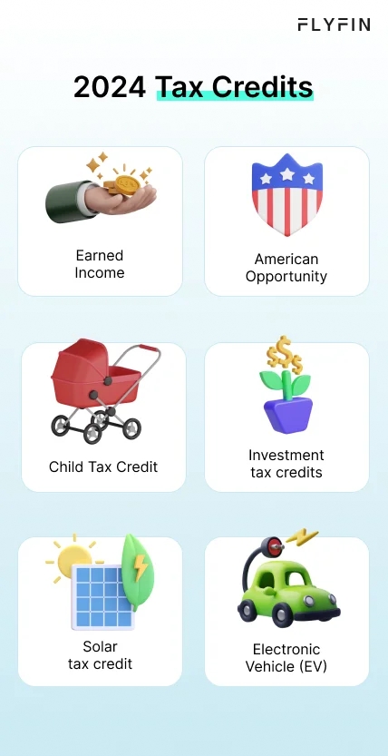 Infographic entitled 2024 Tax Credits listing tax credits that are available for the 2024 tax year. 
