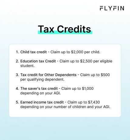Infographic entitled Tax Credits listing tax credits that taxpayers can take, regardless of their 2024 tax brackets. 