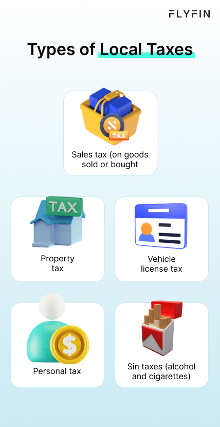 Infographic entitled Types of Local Taxes listing taxes that freelancers should know when paying self-employment taxes.