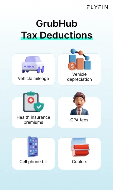 Infographic entitled GrubHub Tax Deductions showing common 1099 tax write-offs for GrubHub delivery drivers. 