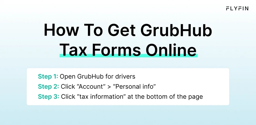 Infographic entitled How To Get GrubHub Tax Forms Online showing the process to get 1099 forms from the GrubHub app.
