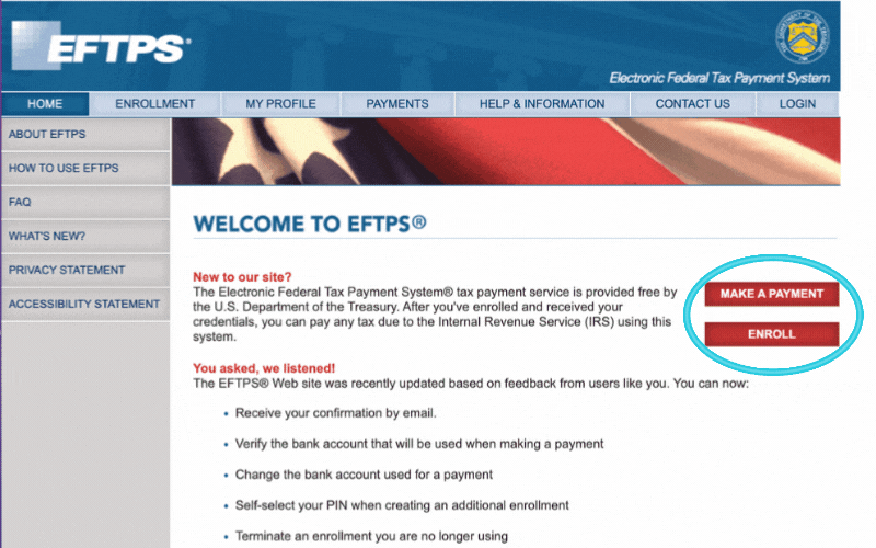 Image with text describing EFTPS, a free tax payment service provided by the US Department of Treasury. Users can enroll, make payments, and manage their profile. No mention of self-employed, 1099, freelancer, or taxes.
