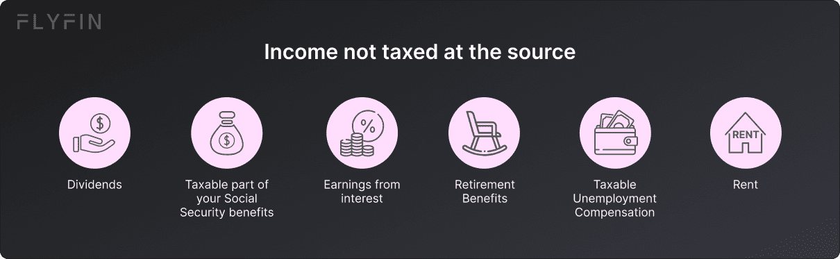 Image listing types of income not taxed at source including dividends, rent, Social Security benefits, interest earnings, retirement benefits, and taxable unemployment compensation. No mention of self-employed, 1099, freelancer, or taxes.