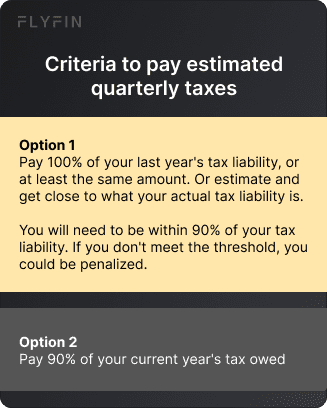 Alt text: Guidelines for paying estimated quarterly taxes - pay 100% of last year's tax liability or 90% of current year's tax owed to avoid penalties. Relevant for self-employed, 1099, and freelance workers.