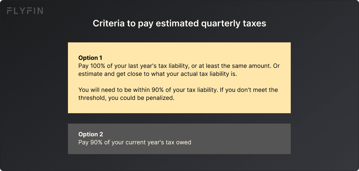 Alt text: Guidelines for paying estimated quarterly taxes - pay 100% of last year's tax liability or 90% of current year's tax owed to avoid penalties. Relevant for self-employed, 1099, and freelance workers.