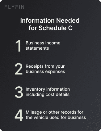 Image listing information required for Schedule C including business income, expense receipts, inventory details, and mileage records for tax purposes. Relevant for self-employed, 1099, and freelance workers.