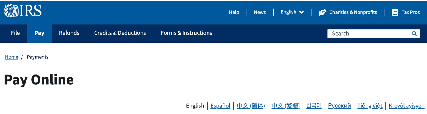 This image displays options for online tax payment and assistance, including forms, refunds, credits, and help. No mention of self-employed, 1099, freelancer.