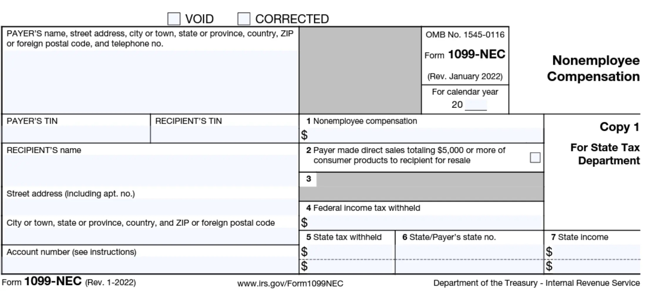 Image of Form 1099-NEC for reporting nonemployee compensation and direct sales. Includes payer and recipient details, taxes, and state income.
