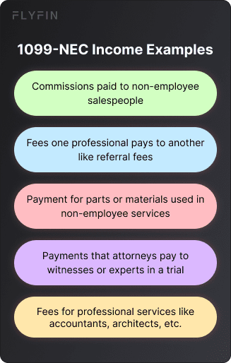 Alt text: Examples of income reported on 1099-NEC form for non-employees, including referral fees, commissions, and payments for professional services. Relevant for self-employed, freelancers, and taxes.
