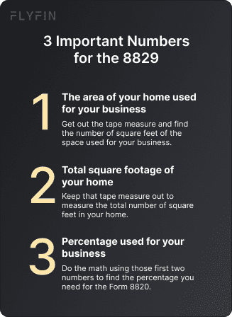 Tips for self-employed taxes. Image shows measuring tape and text explaining how to calculate the area of home used for business and percentage for Form 8829.
