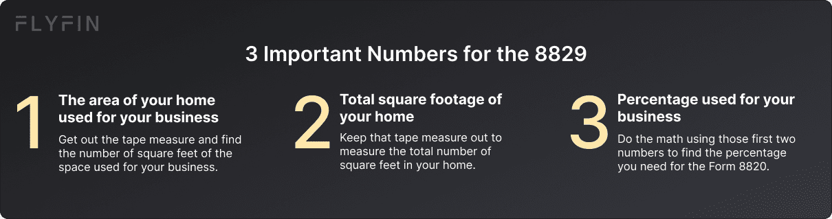 Tips for self-employed taxes. Image shows measuring tape and text explaining how to calculate the area of home used for business and percentage for Form 8829.