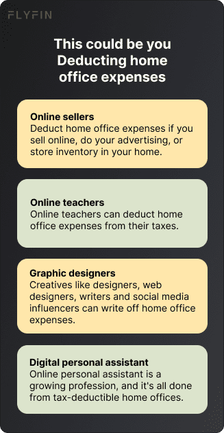 Image with text explaining how self-employed individuals like online sellers, teachers, graphic designers, and digital personal assistants can deduct home office expenses from their taxes. #1099 #freelancer #taxes