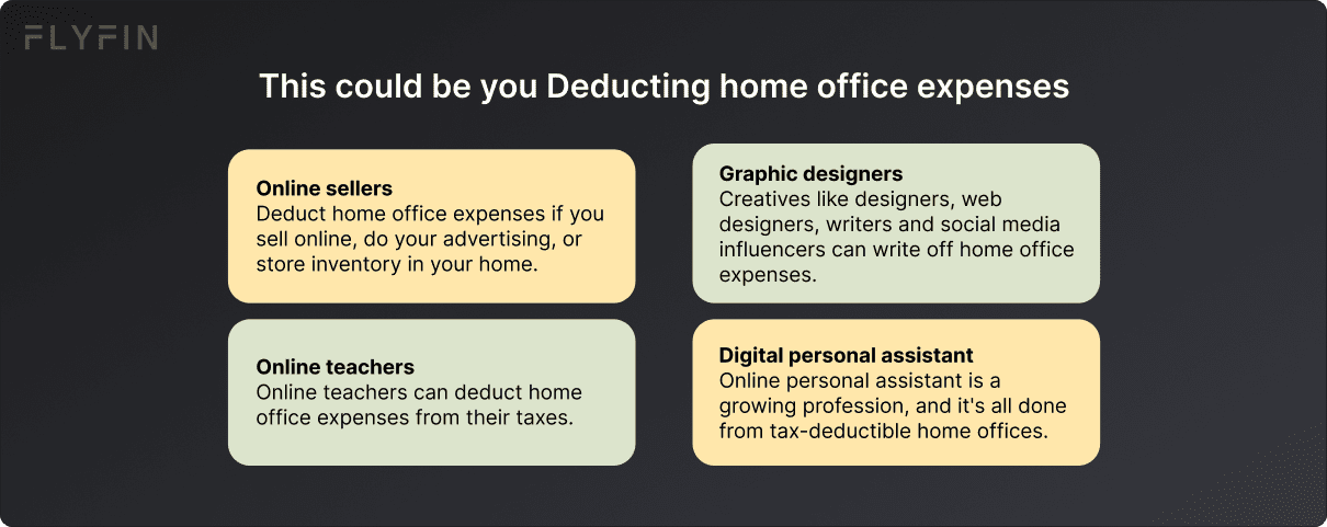 Image with text explaining how self-employed individuals like online sellers, teachers, graphic designers, and digital personal assistants can deduct home office expenses from their taxes. #1099 #freelancer #taxes