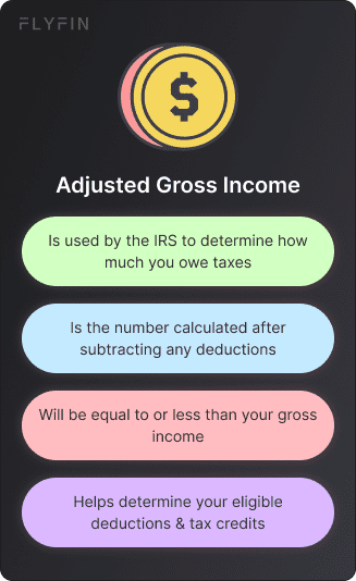 Image explaining Adjusted Gross Income used by IRS to calculate taxes. Includes deductions, eligible tax credits, and relation to gross income.