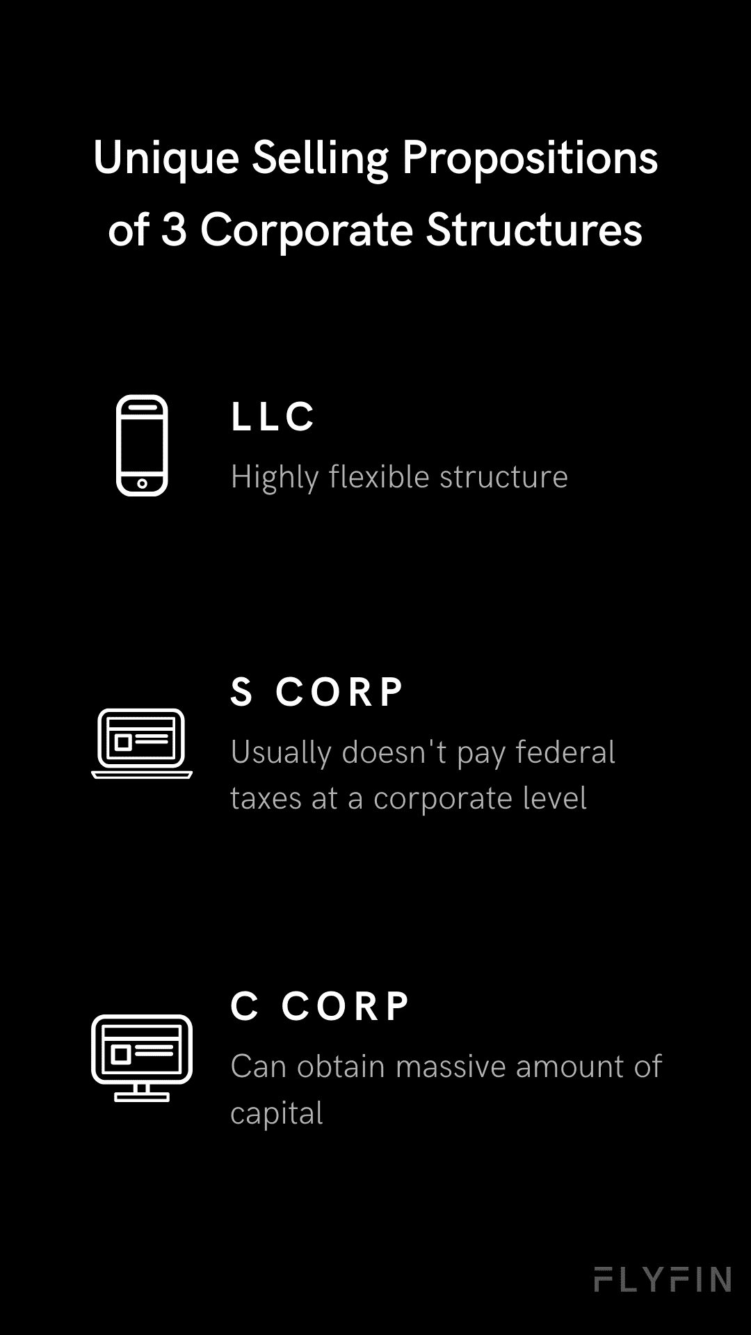 Image with text describing the unique selling propositions of LLC, S Corp, and C Corp corporate structures. Highlights include flexibility, tax benefits, and access to capital. No mention of self-employment, 1099, freelancer, or taxes.