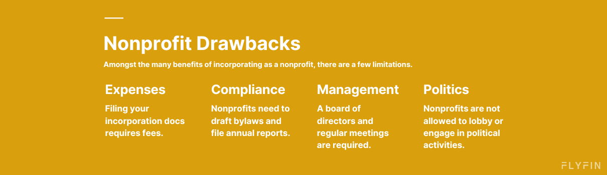 Image describing the limitations of incorporating as a nonprofit, including expenses, compliance, management, and restrictions on political activities. No relevance to self employed, 1099, freelancer or taxes.