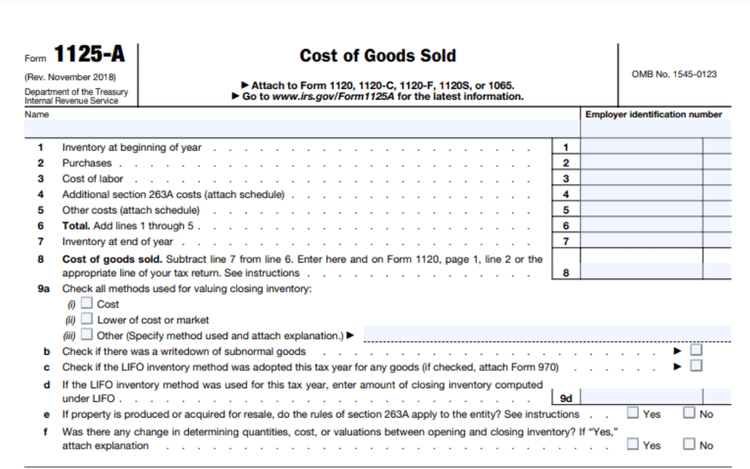 Image of IRS form 1125-A for businesses to report cost of goods sold. Relevant for self-employed, freelancers, and businesses filing Form 1120, 1120-C, 1120-F, or 1099 taxes.
