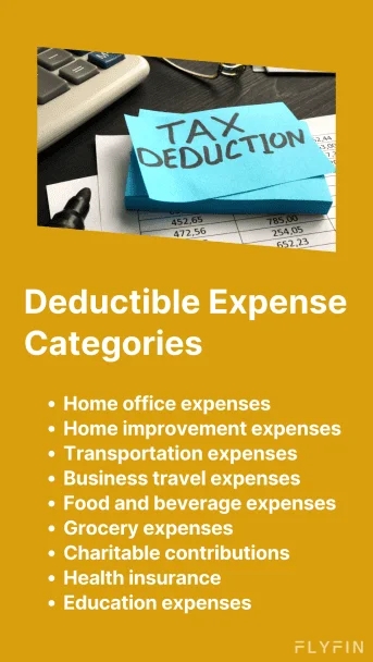 Image showing deductible expense categories including home office, transportation, food, charitable contributions, health insurance and education expenses for tax purposes. Suitable for self-employed, 1099 and freelancers.