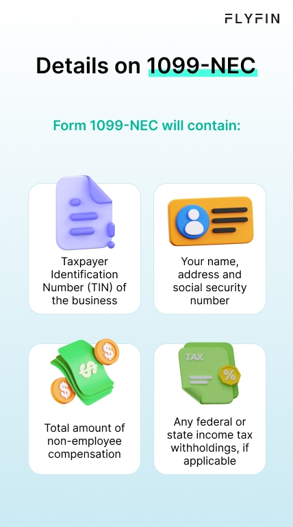 Image with text explaining details on 1099-NEC form for non-employee compensation, including TIN, name, address, social security number, and tax withholdings. #1099 #taxes #freelancer