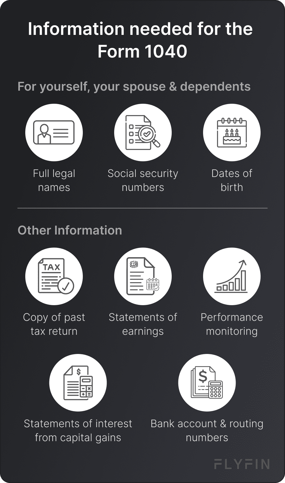 Image of a list of information needed for Form 1040, including full legal names, social security numbers, dates of birth, past tax return, earnings statements, and bank account information. Relevant for taxes, self-employed, 1099, and freelancers.